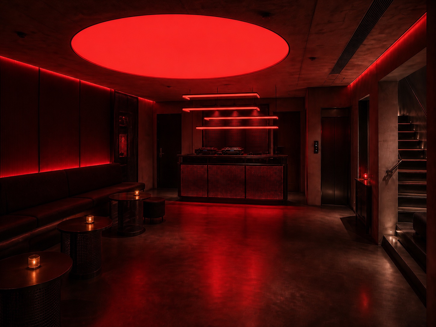 Red industrial Korean-inspired VARA basement listening bar