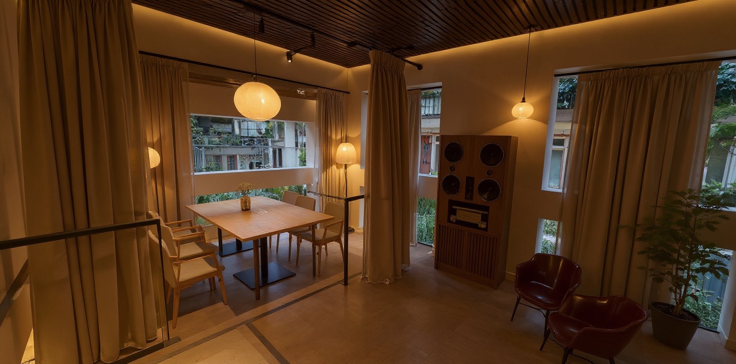 Curtain-lined VARA duplex co-working and listening salon