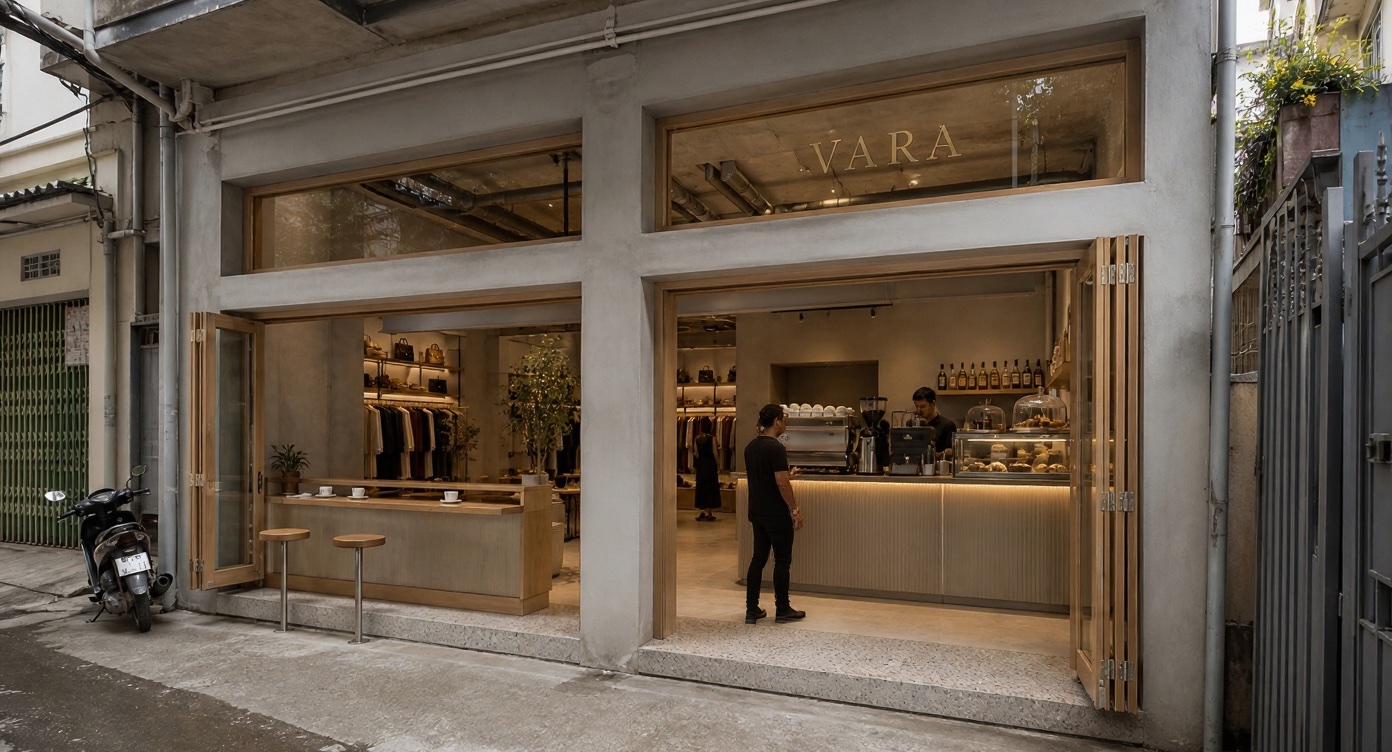 VARA Hotel coffee and retail frontage in its narrow Saigon lane
