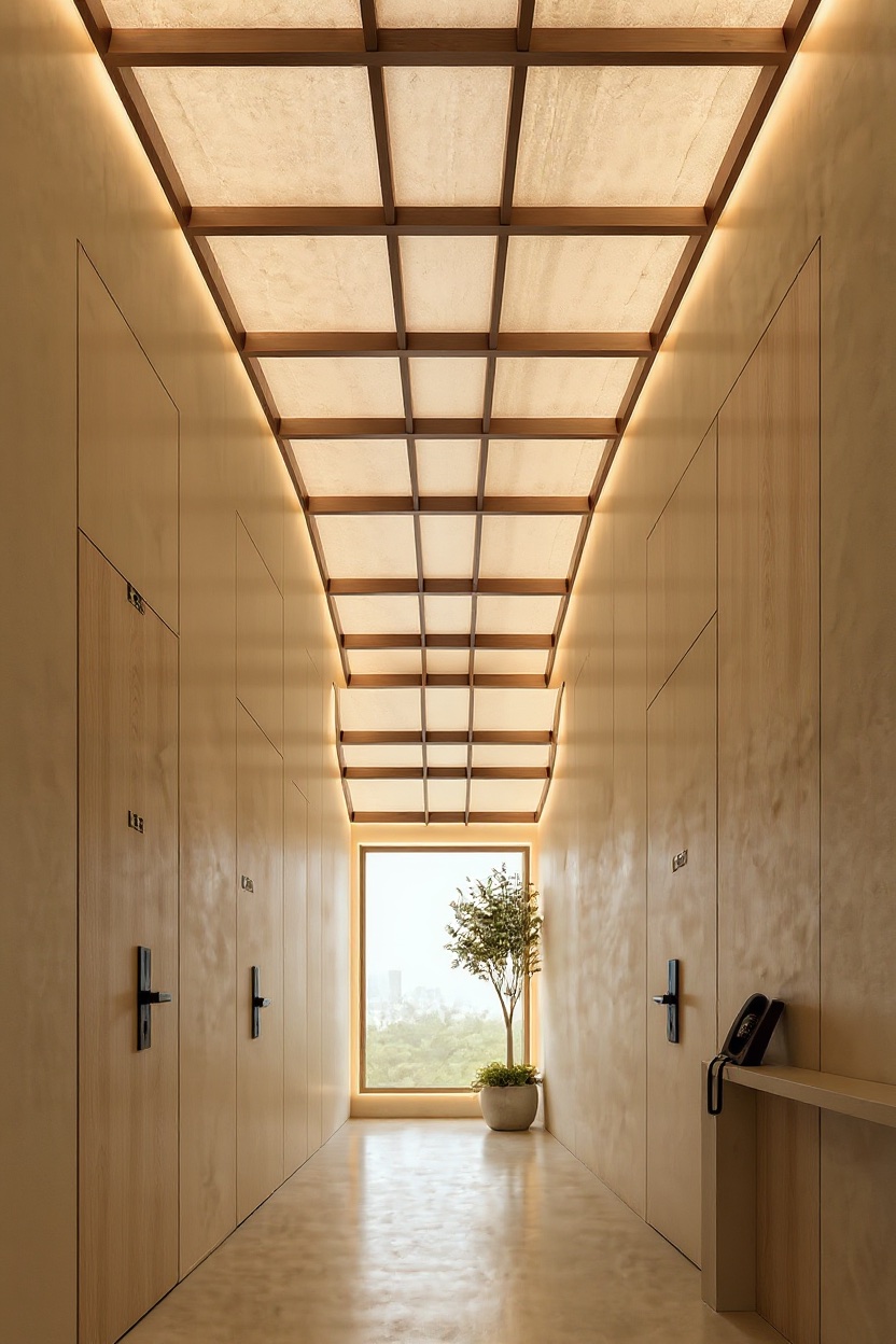 VARA guest corridor with luminous linen ceiling and flush oak room doors