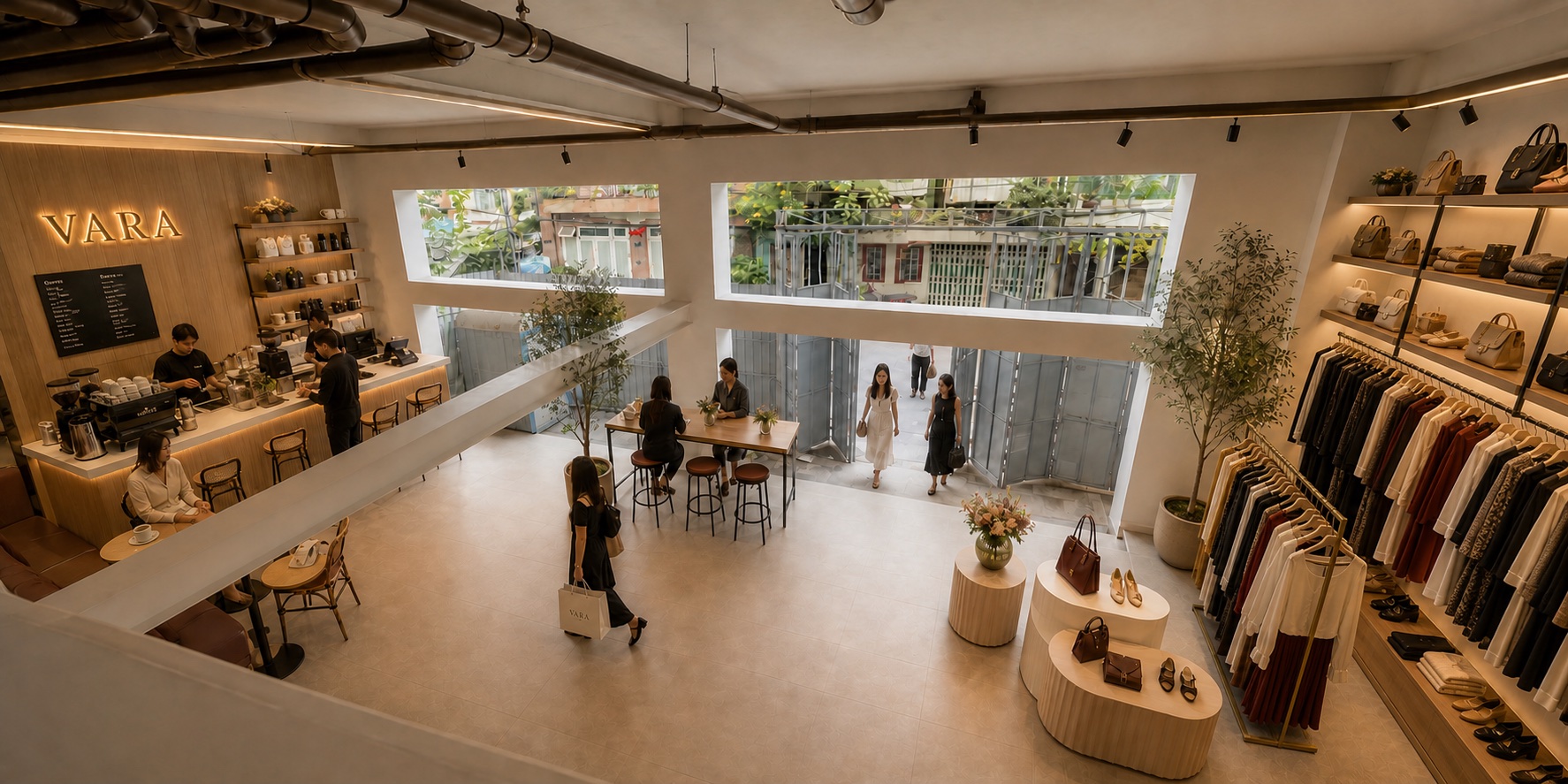 Double-height VARA ground floor with coffee bar, fashion store and shared table