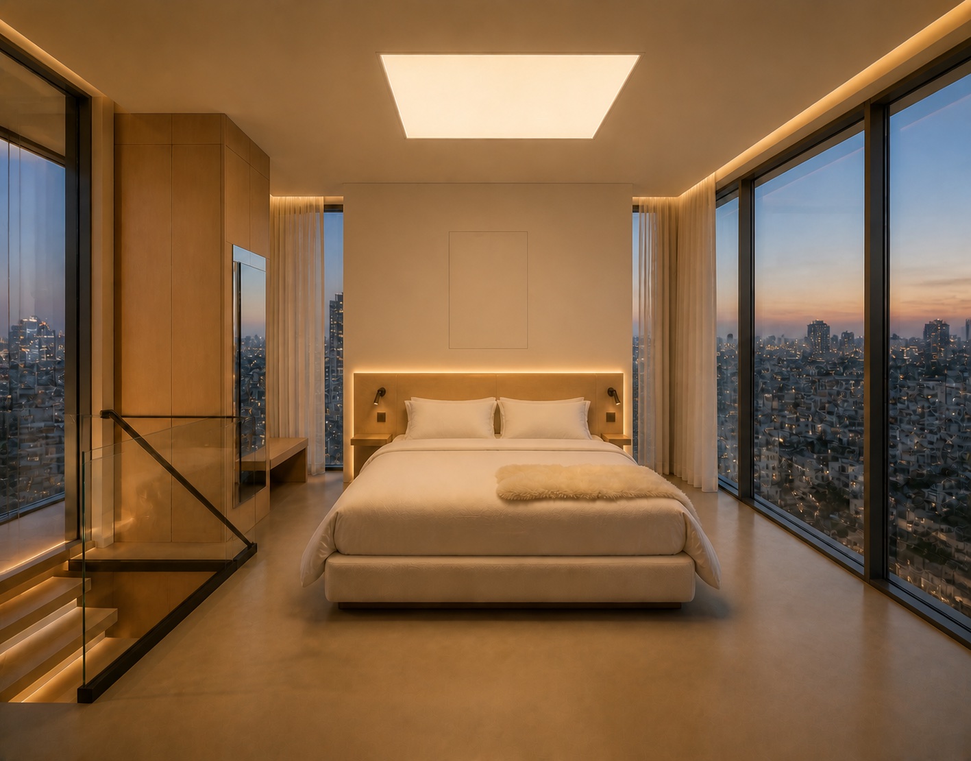 Upper penthouse glass bedroom with enclosed service wall