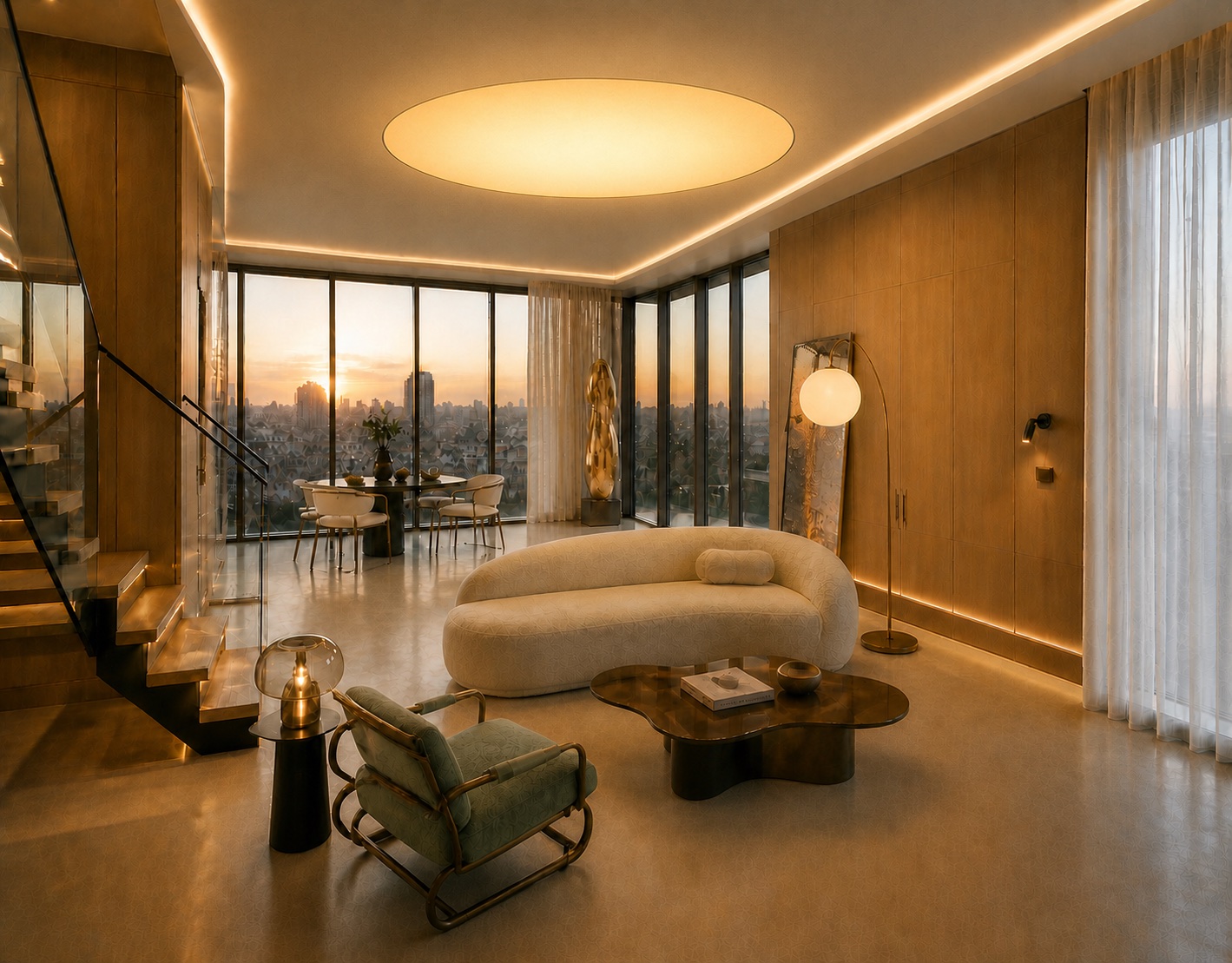 VARA penthouse living room with a large flush circular artificial sun