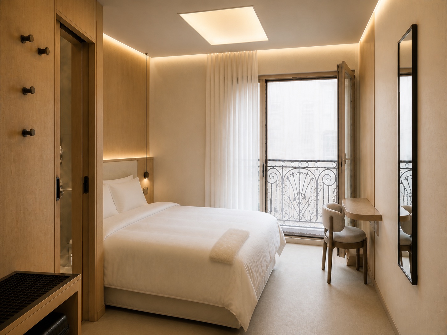 Compact VARA balcony room with square warm ceiling light