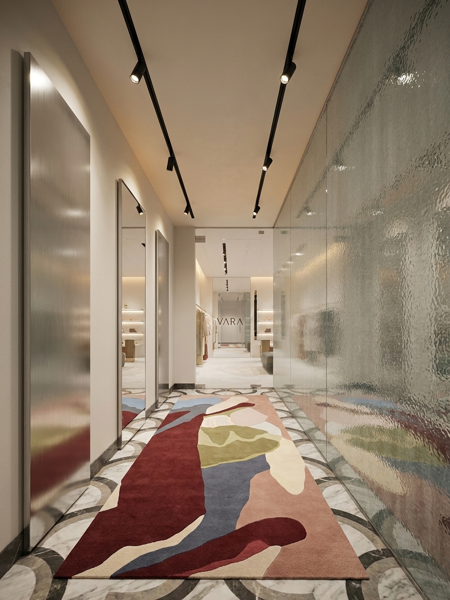 Reflective arrival and abstract carpet, New color study / Arrival corridor